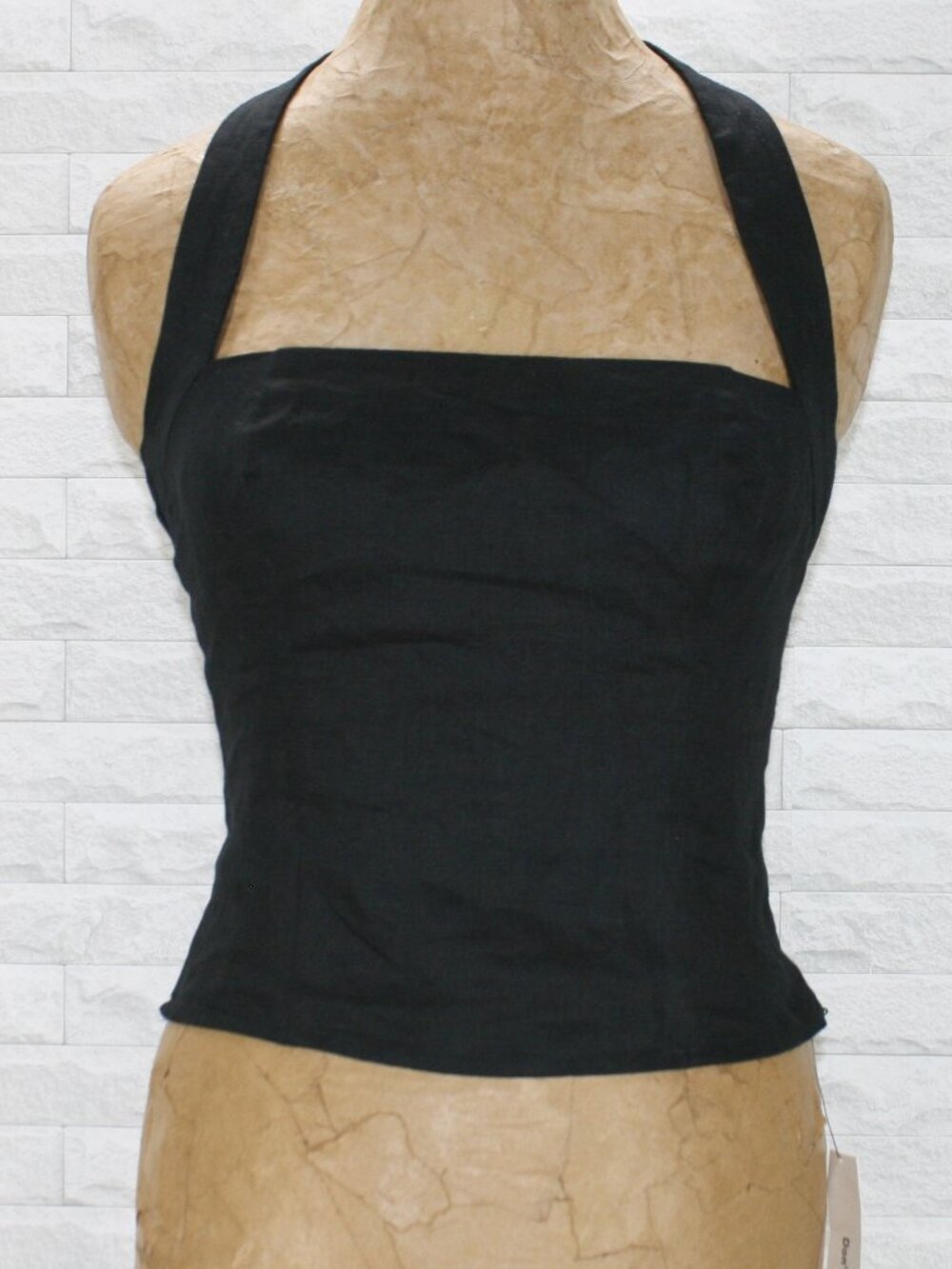 REFORMATION Malika Cropped Top Linen Shirred Elastic Back Halter NWT Black 6